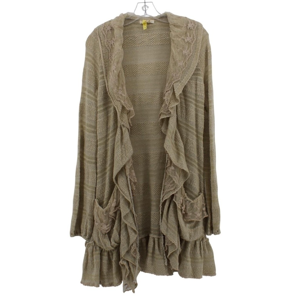 Ryu Cardigan Women Tan Lace Ruffle Open Front Boho Grandmacore Coastal Aesthetic